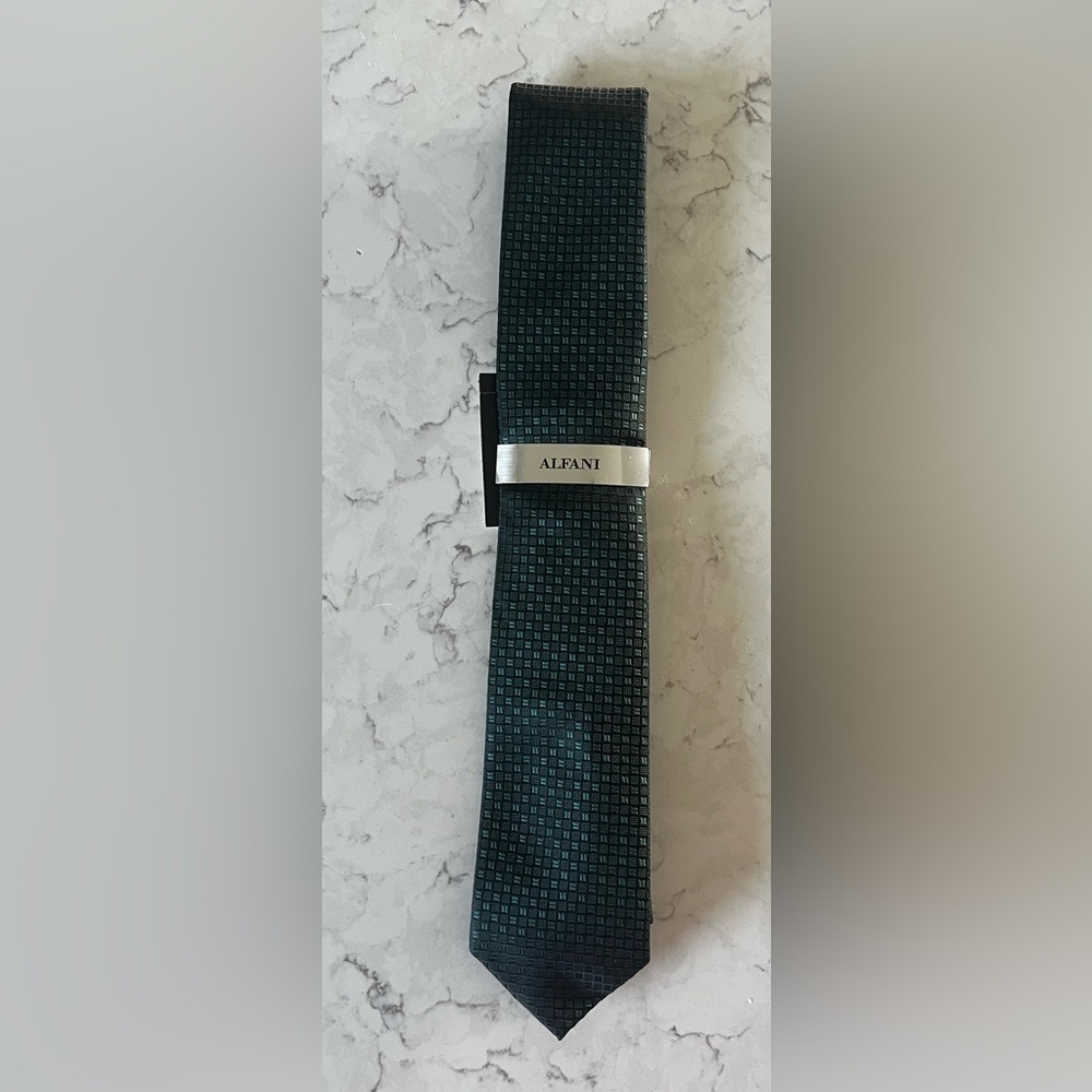 Alfani Micro-Check Tie with Branded Silver Bar